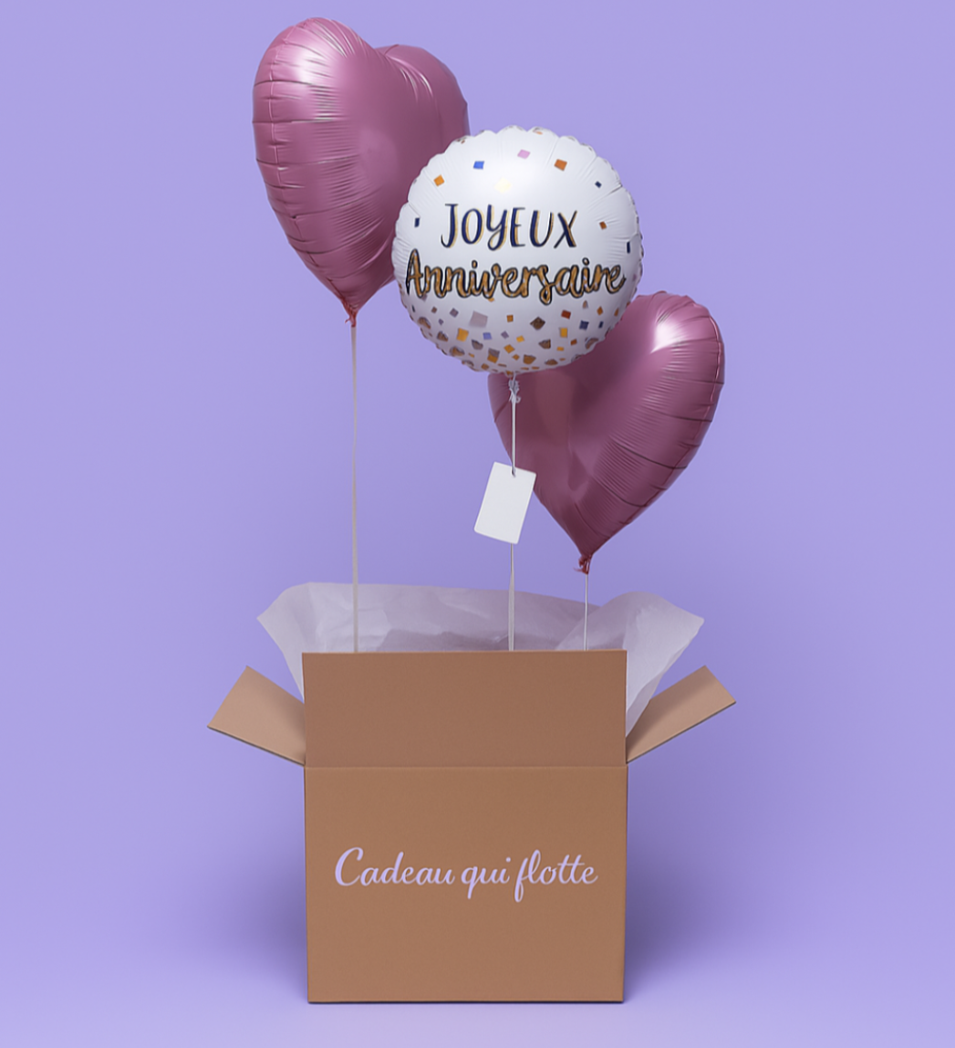 Coffret 3 ballons cœurs roses et Joyeux Anniversaire
