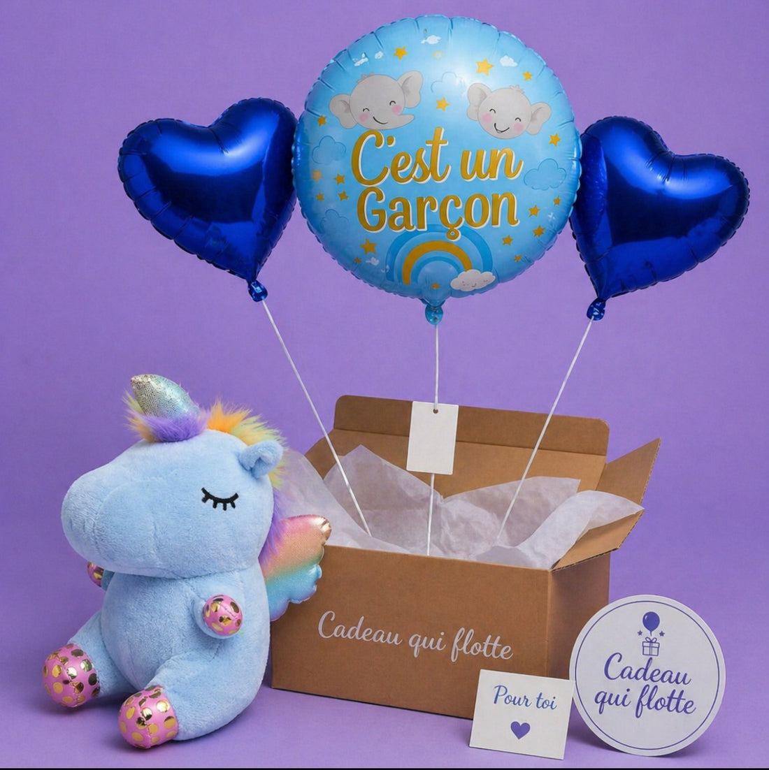 Coffret naissance garçon ballons et peluche licorne