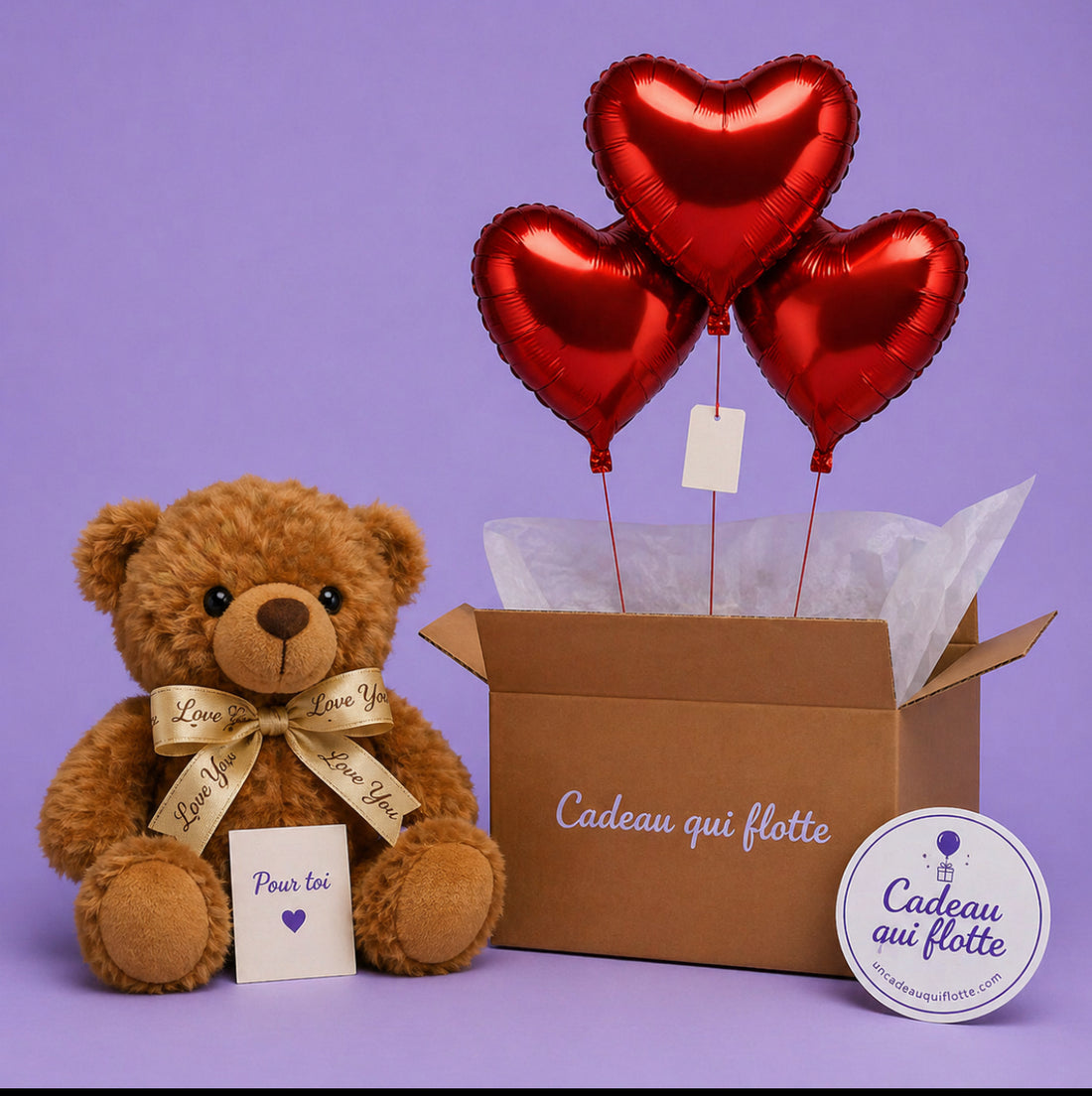 Coffret Teddy Love ballons cœurs et peluche