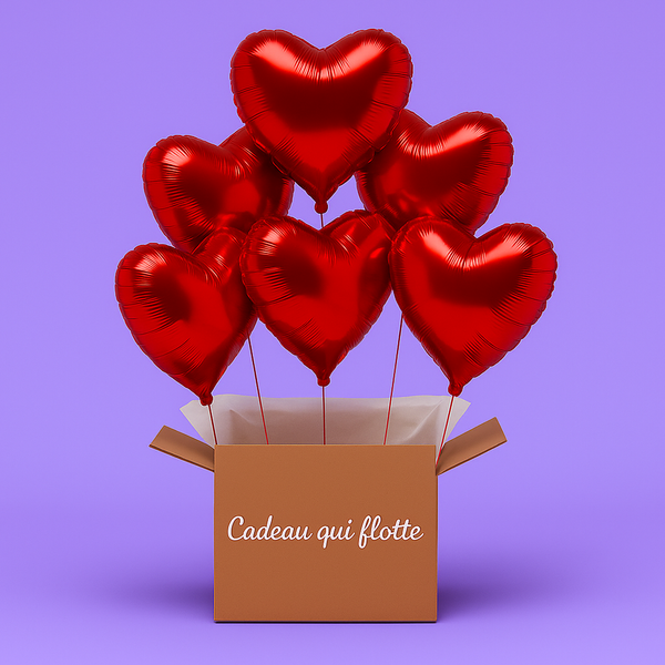 Bouquet de 6 ballons cœur rouge en coffret surprise